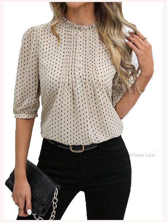 Tops - Half Puff Sleeve Polka Dot Blouse Button Mock Neck Pleated Tops